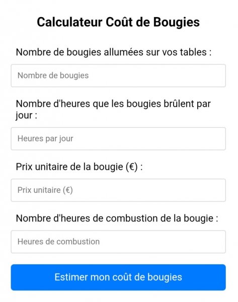 calculateur coût de bougies pour bars, restaurants, hôtels